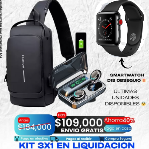 COMBO RIÑONERA IMPERMEABLE USB +AUDIFONOSF9/M10+SMARTWATCH OBSEQUIO